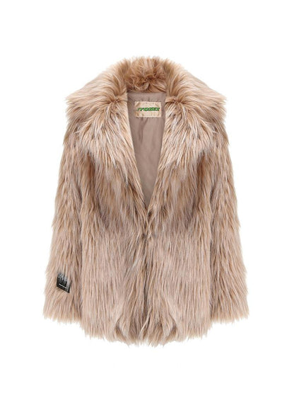 JYOSEI Mid Length Plush Teddy Coat In Beige And White
