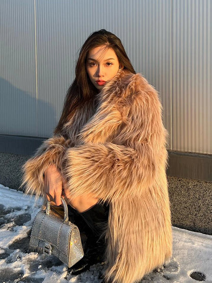 Mid Length Plush Teddy Coat In Beige And White