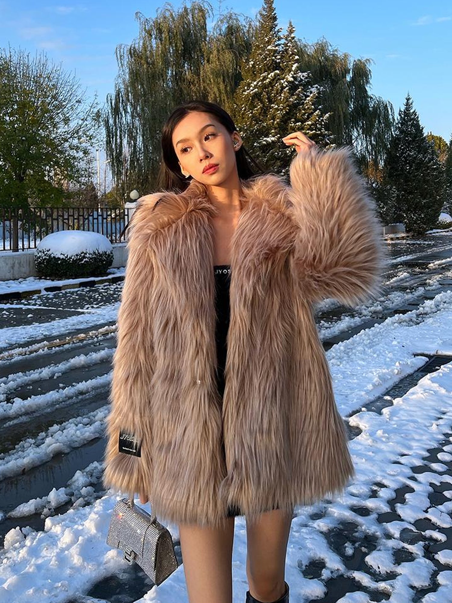 JYOSEI Mid Length Plush Teddy Coat In Beige And White