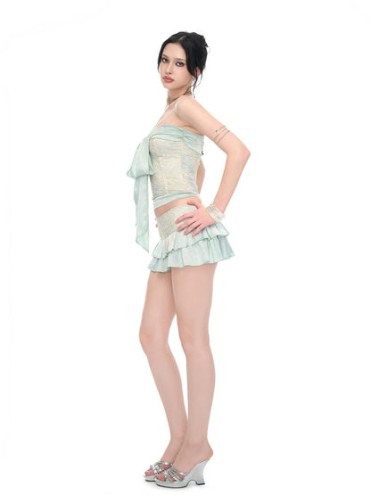 JYOSEI Mint Green Lace Satin Fishbone Corset Women&