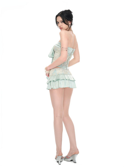 JYOSEI Mint Green Lace Satin Fishbone Corset Women&