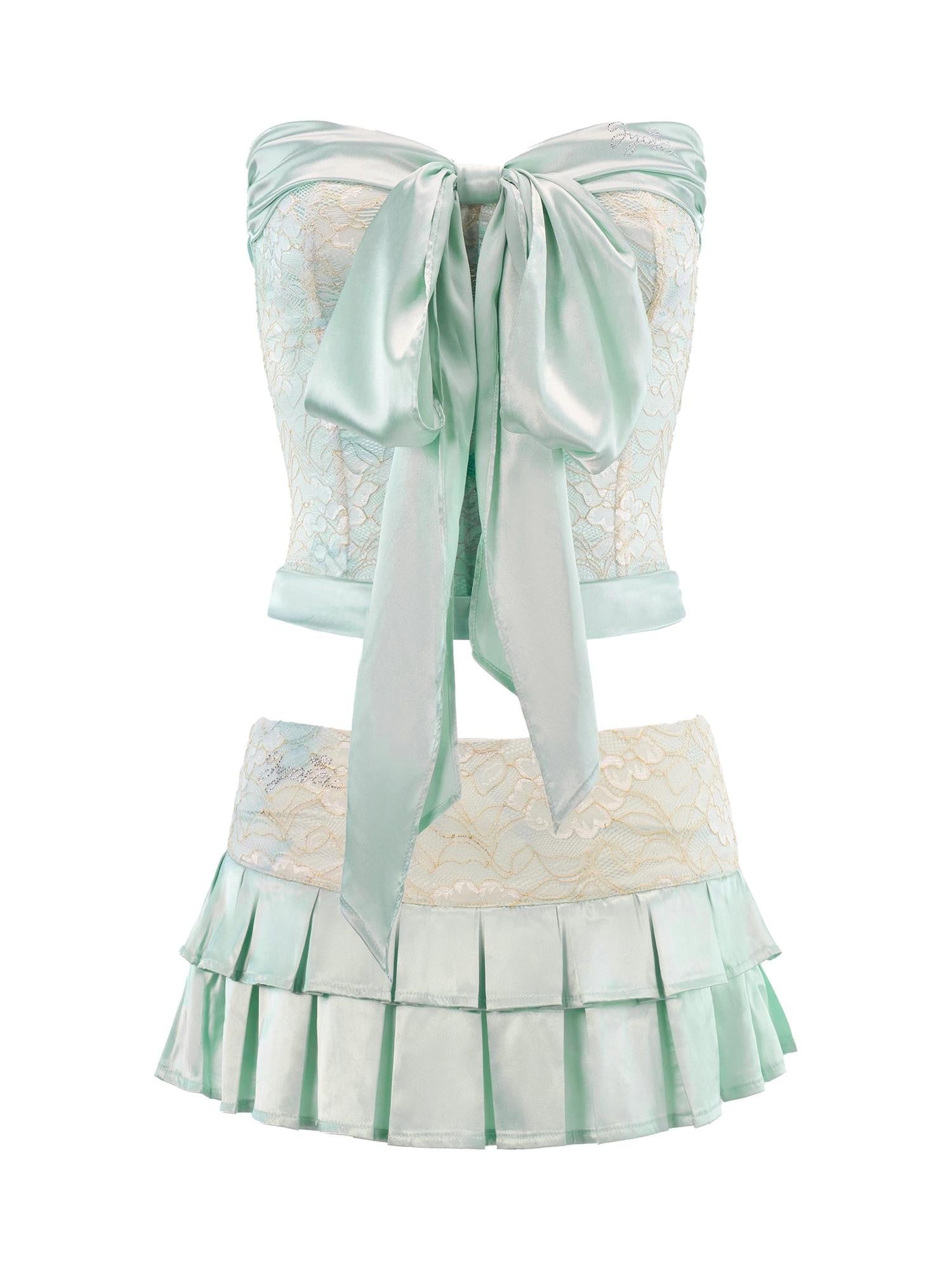 JYOSEI Mint Green Lace Satin Fishbone Corset Women&