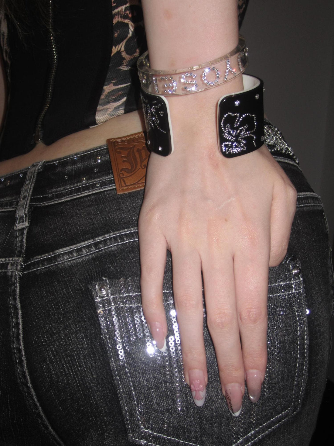 JYOSEI Narrow Transparent Acrylic Diamond Inlaid Open Cuff Women&