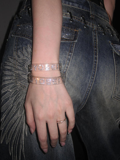 JYOSEI Narrow Transparent Acrylic Diamond Inlaid Open Cuff Women&