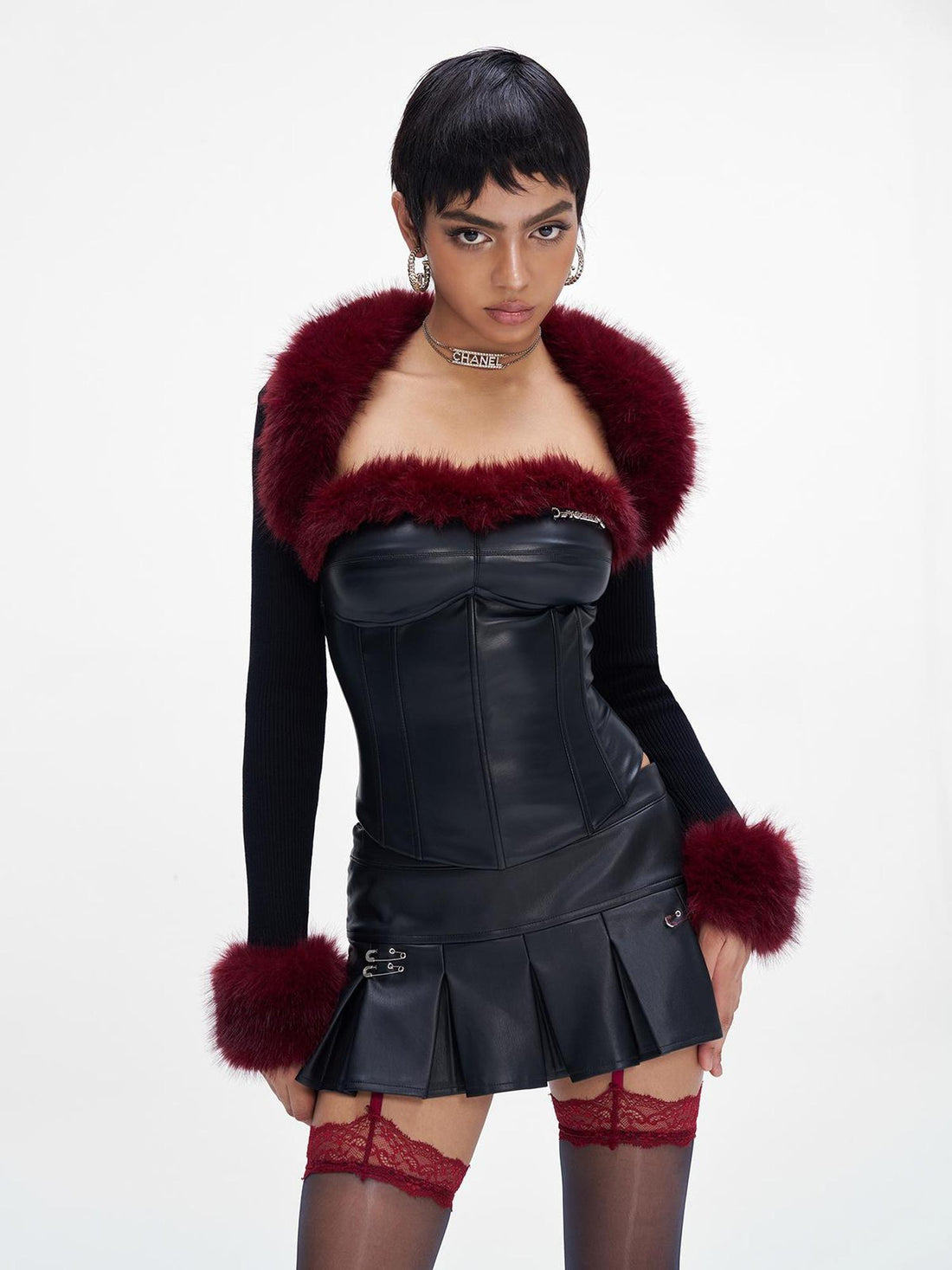 JYOSEI New Year Knit Vest Set with Detachable Fur Trim and Bodycon Skirt
