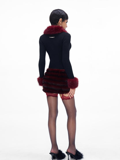 JYOSEI New Year Knit Vest Set with Detachable Fur Trim and Bodycon Skirt