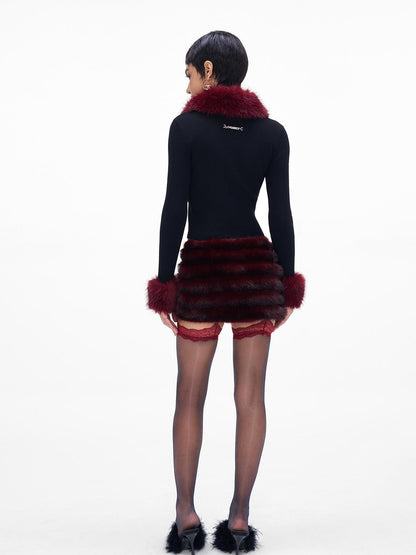 JYOSEI New Year Knit Vest Set with Detachable Fur Trim and Bodycon Skirt