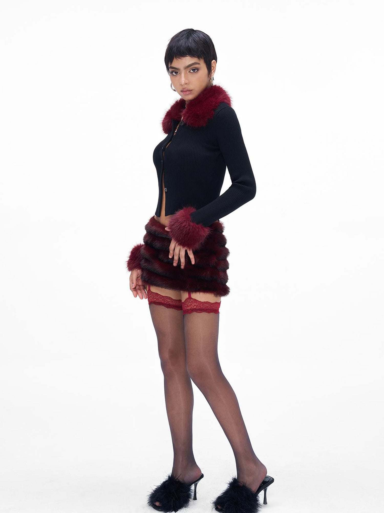 JYOSEI New Year Knit Vest Set with Detachable Fur Trim and Bodycon Skirt