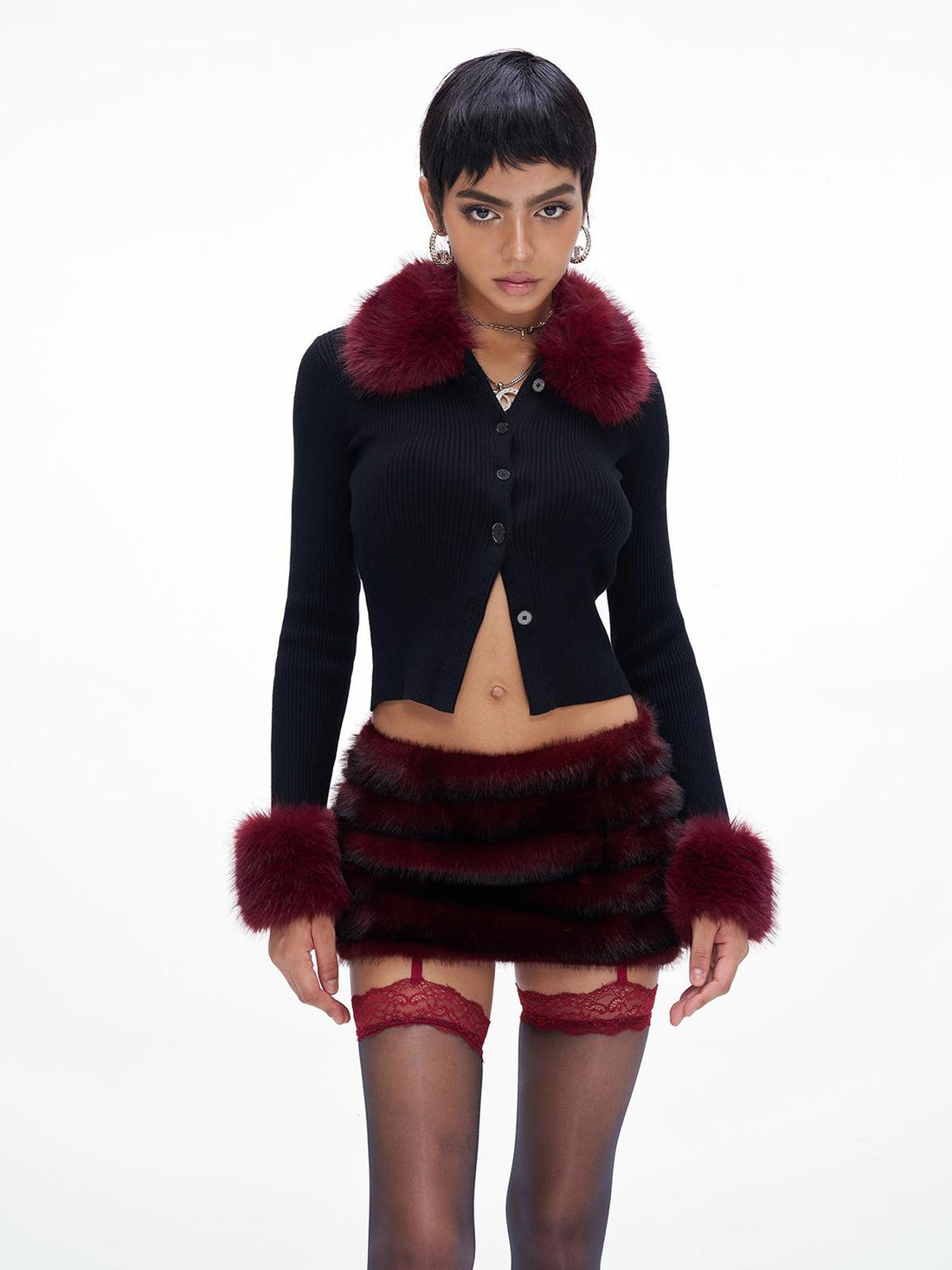 JYOSEI New Year Knit Vest Set with Detachable Fur Trim and Bodycon Skirt