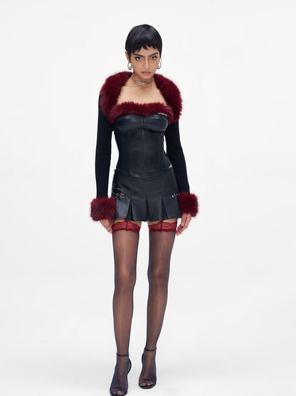 JYOSEI New Year Knit Vest Set with Detachable Fur Trim and Bodycon Skirt