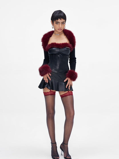 JYOSEI New Year Knit Vest Set with Detachable Fur Trim and Bodycon Skirt