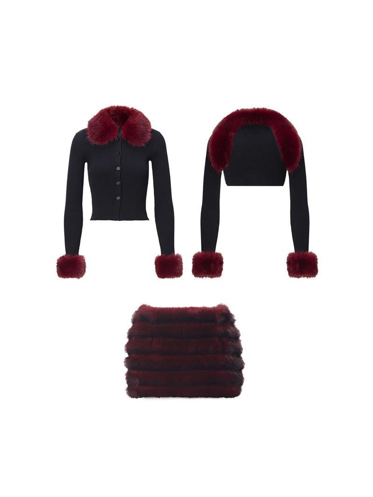 JYOSEI New Year Knit Vest Set with Detachable Fur Trim and Bodycon Skirt