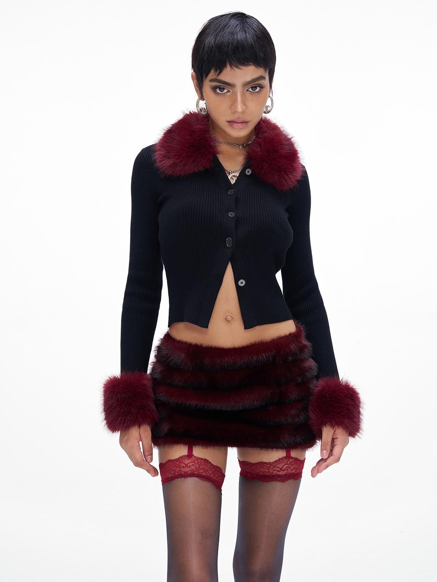 JYOSEI New Year Knit Vest Set with Detachable Fur Trim and Bodycon Skirt