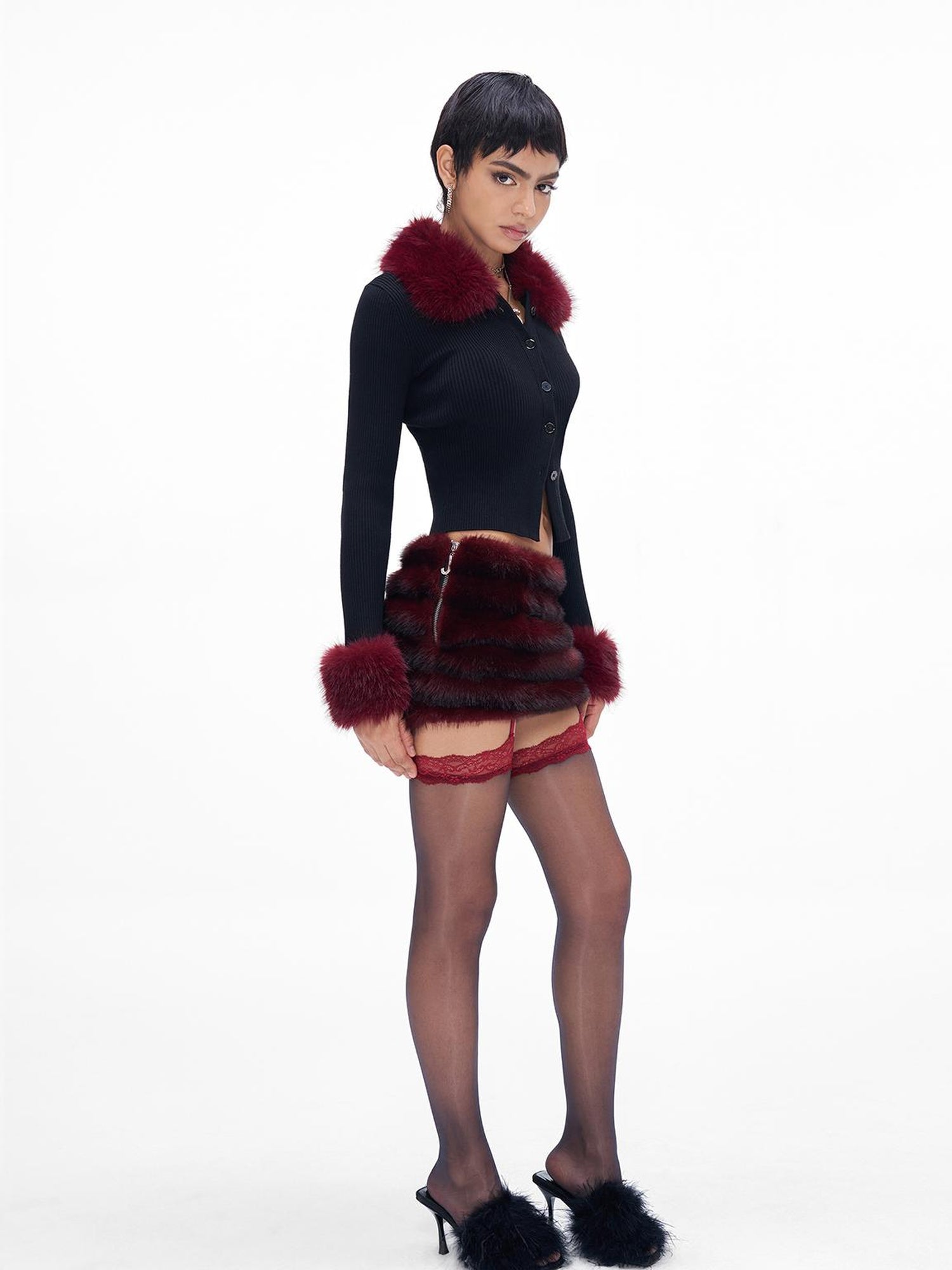JYOSEI New Year Knit Vest Set with Detachable Fur Trim and Bodycon Skirt