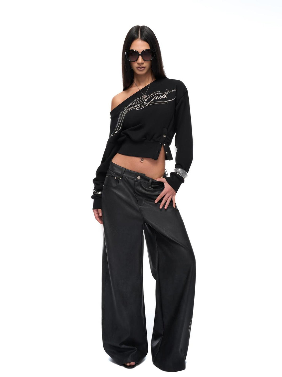 JYOSEI Off Shoulder Embroidered Crop Hoodie with Wide Leg Low Rise Leather Pants Set