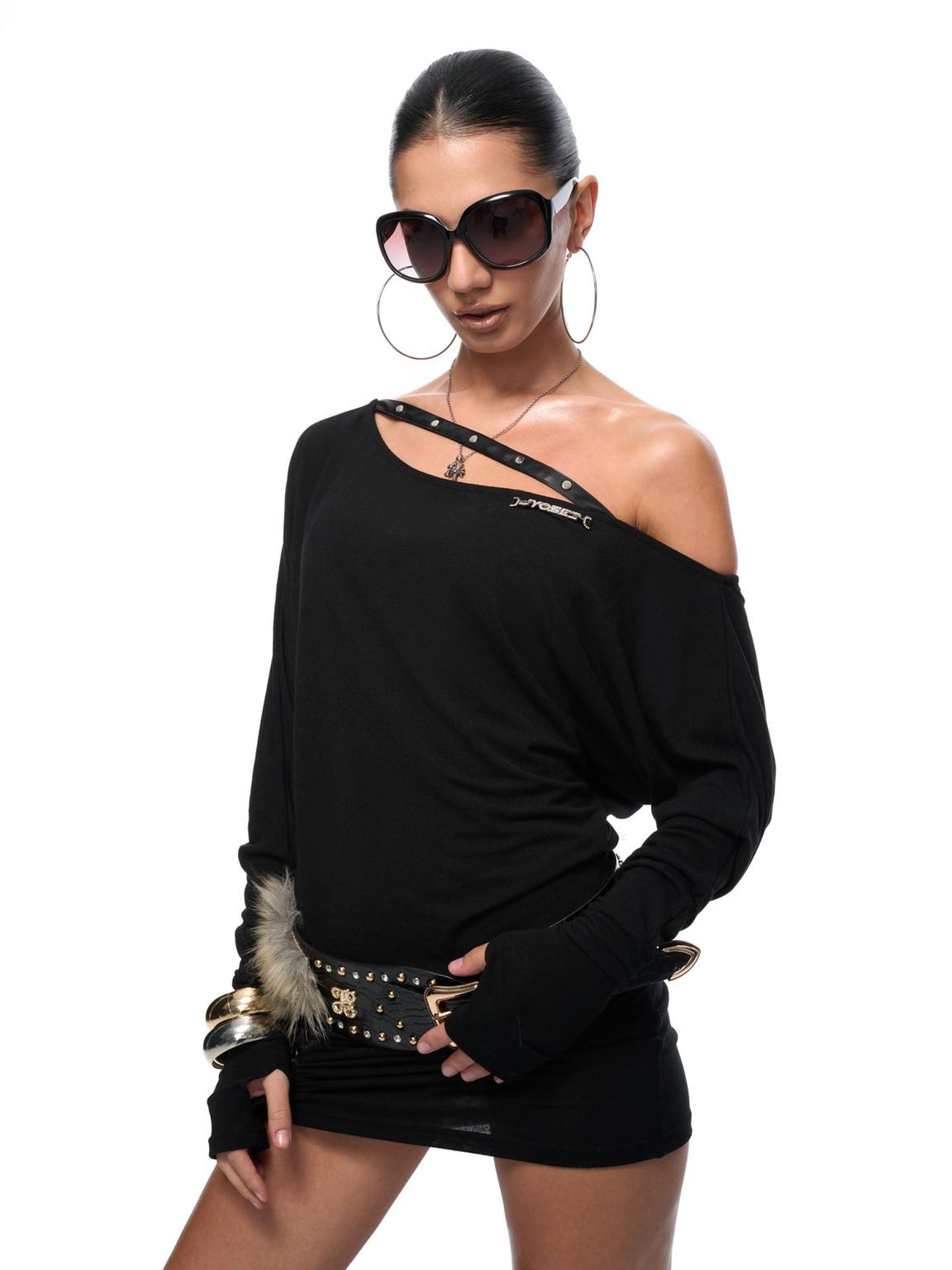 JYOSEI One Shoulder Slit Knit Maxi Dress with Drawstring Waist