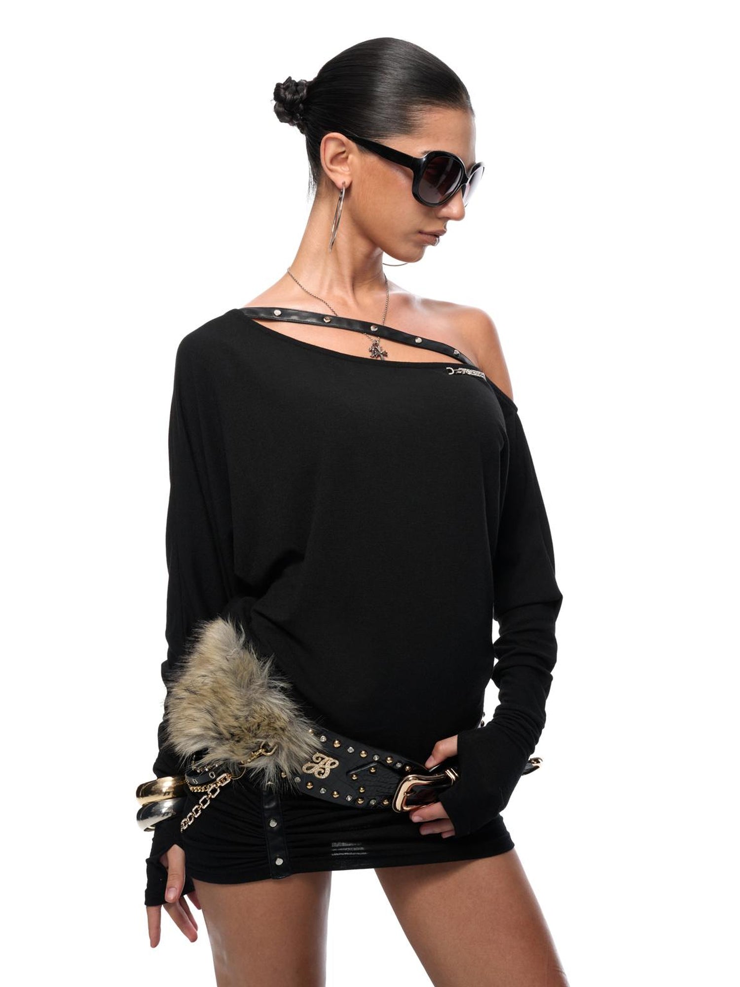 JYOSEI One Shoulder Slit Knit Maxi Dress with Drawstring Waist