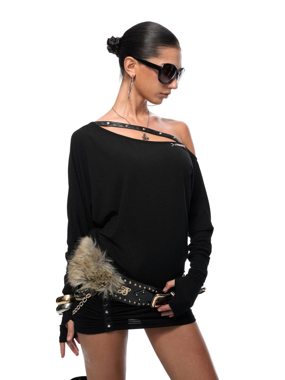 JYOSEI One Shoulder Slit Knit Maxi Dress with Drawstring Waist