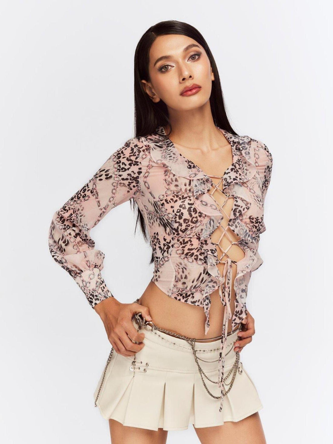 JYOSEI Original Slim Fit Leopard Print Ruffle Tie Lantern Sleeve Pink Women T-Shirt