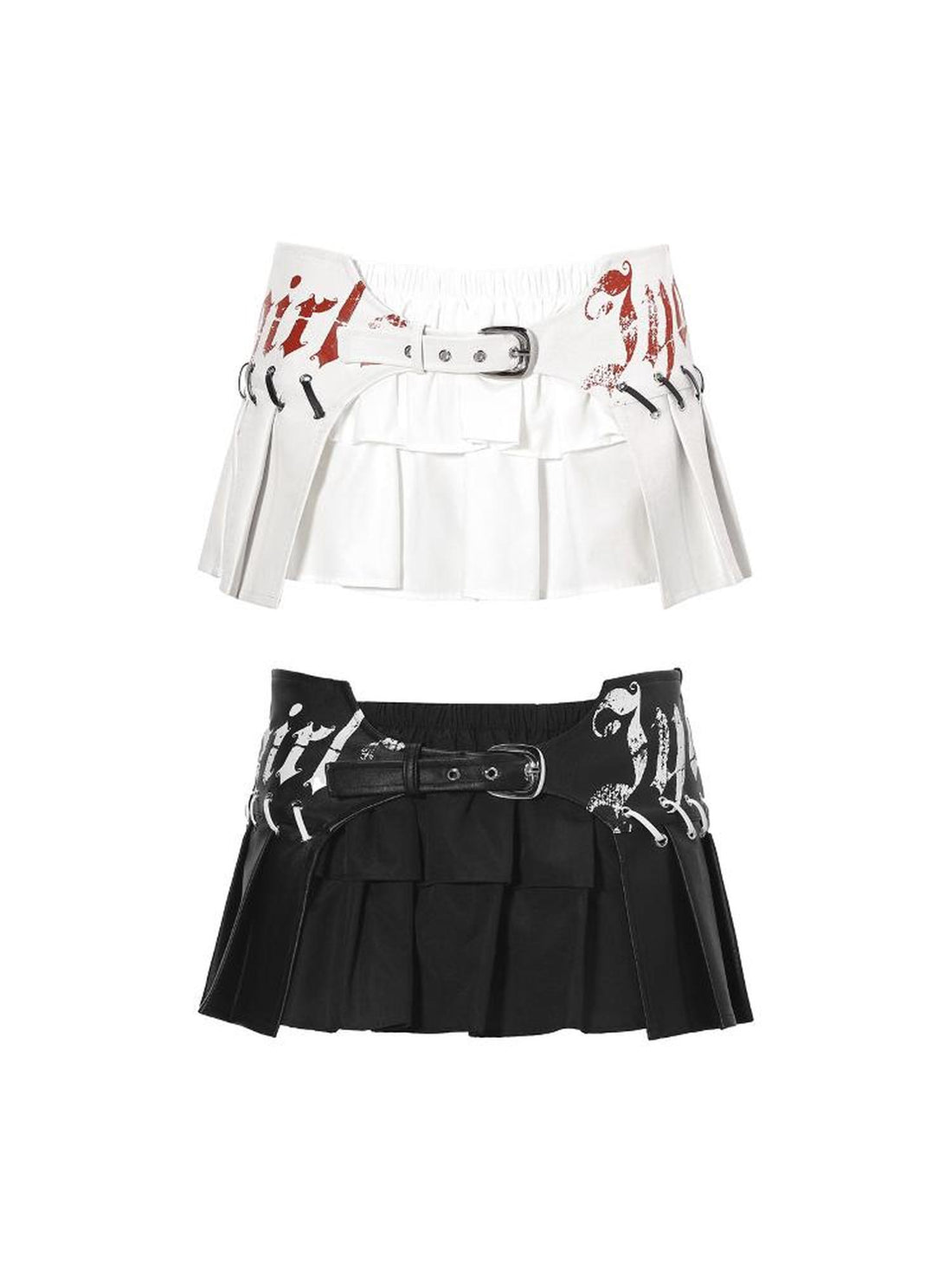 JYOSEI PU Leather Print Grommet Pleated Mini Skirt Low Waist Two-Tone Design