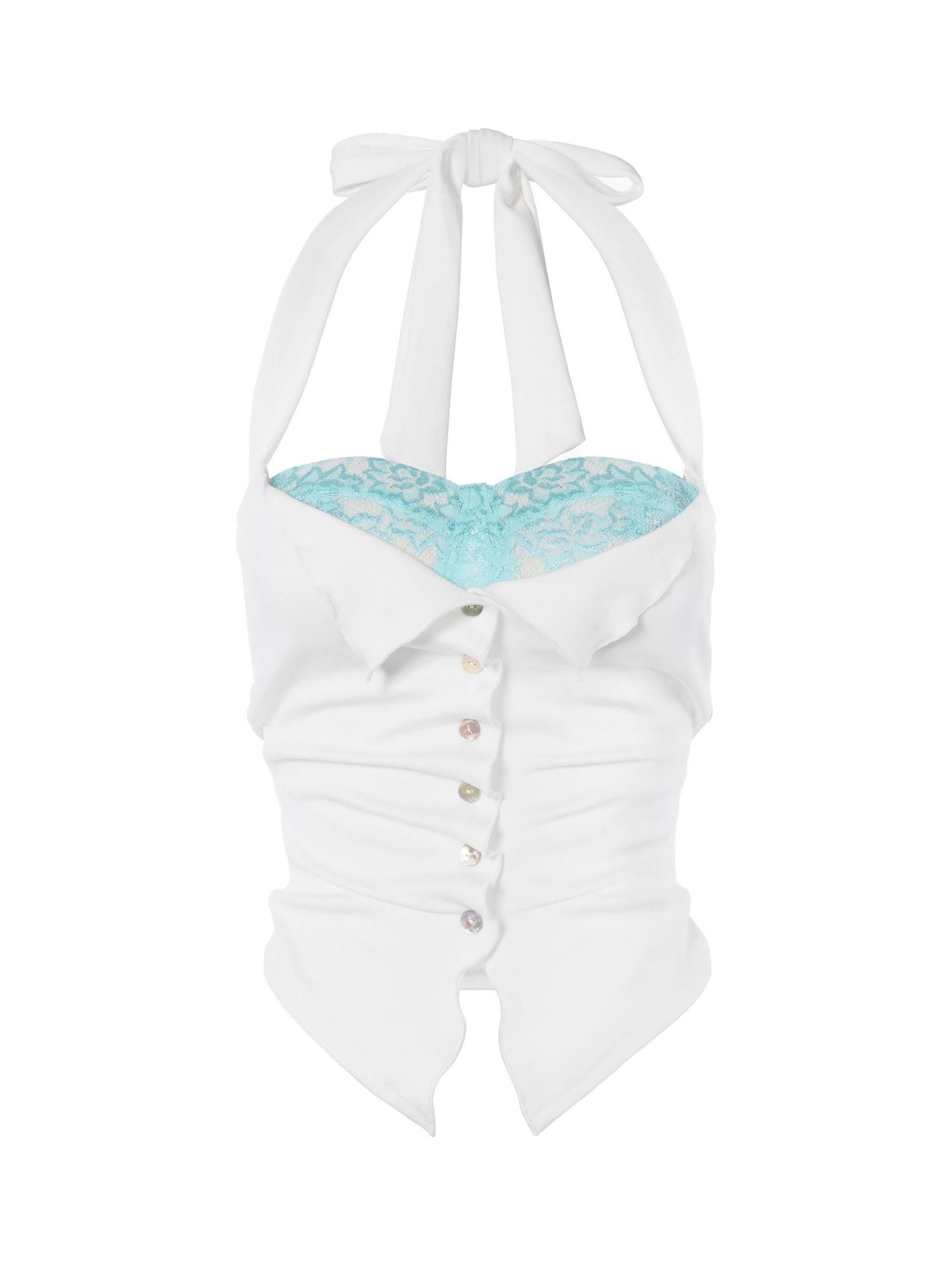 JYOSEI Peacock Blue Lace Contrast Pearl Button Tie Slim Women&