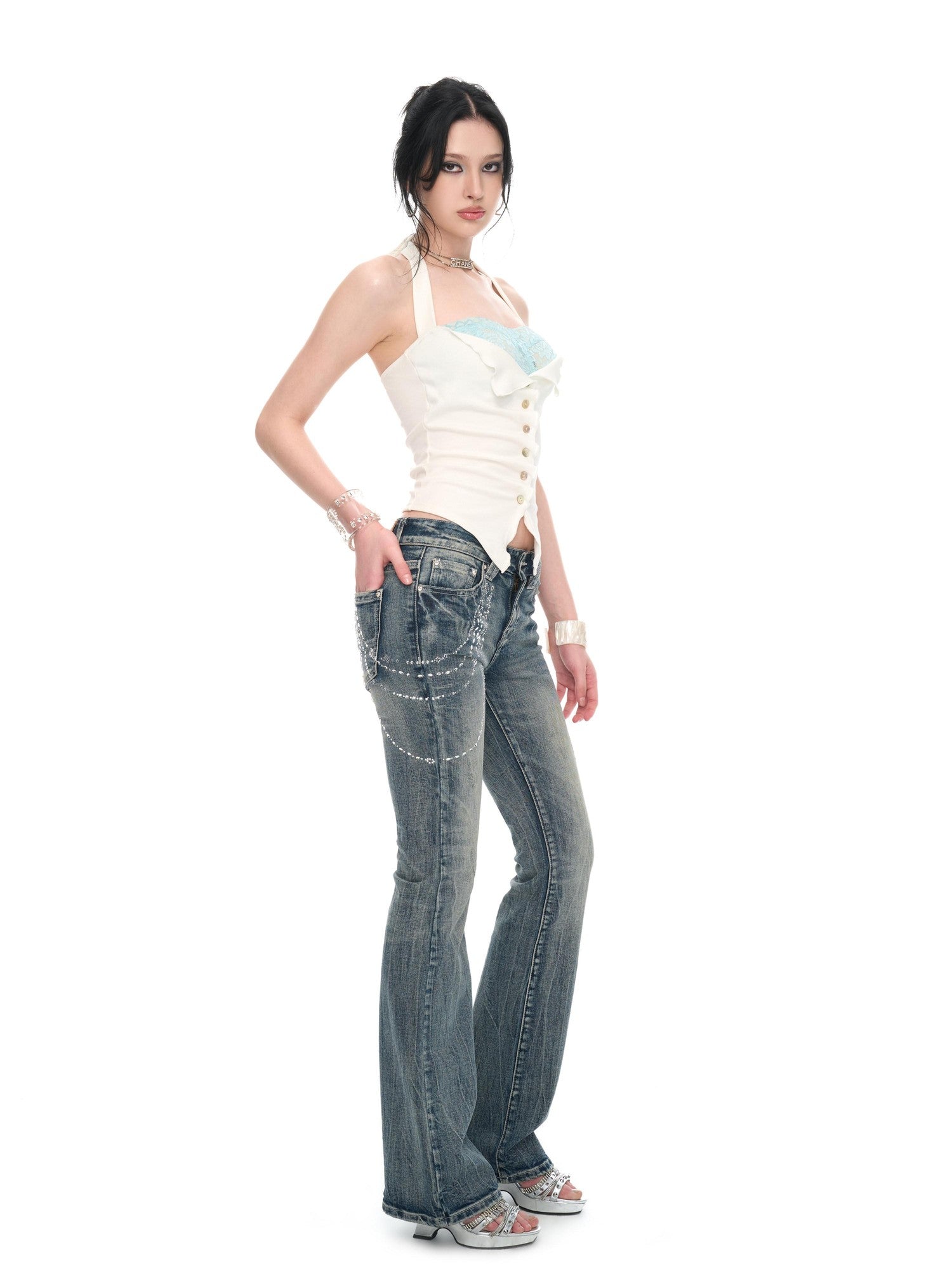 JYOSEI Peacock Blue Lace Contrast Pearl Button Tie Slim Women&