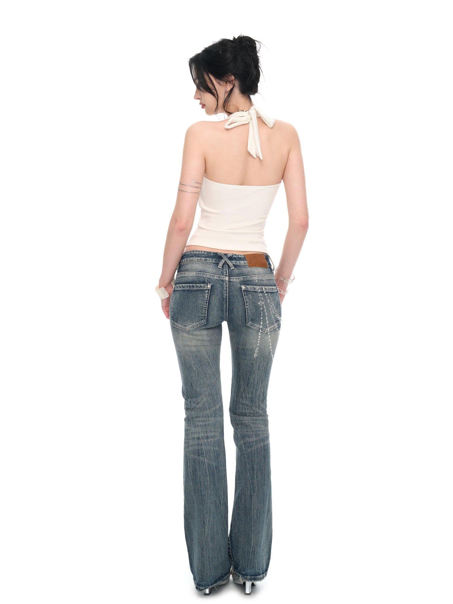 JYOSEI Peacock Blue Lace Contrast Pearl Button Tie Slim Women&