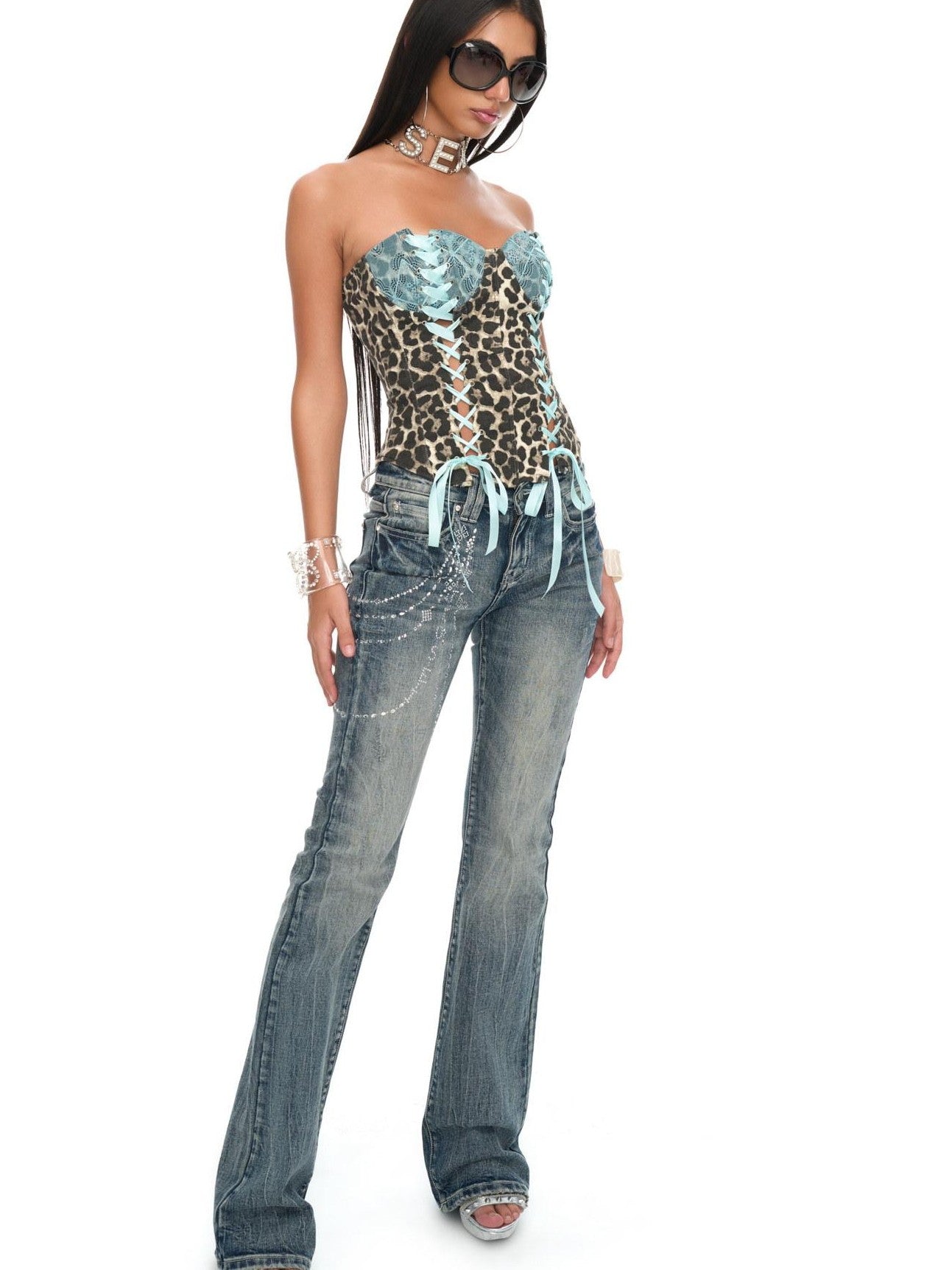 JYOSEI Peacock Blue Lace Deconstructed Zipper Boned Women&