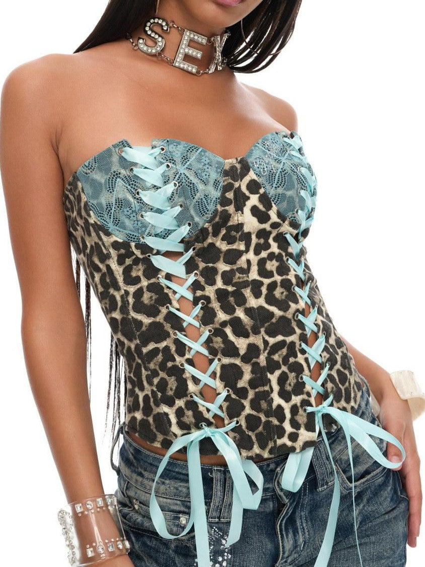 JYOSEI Peacock Blue Lace Deconstructed Zipper Boned Women&