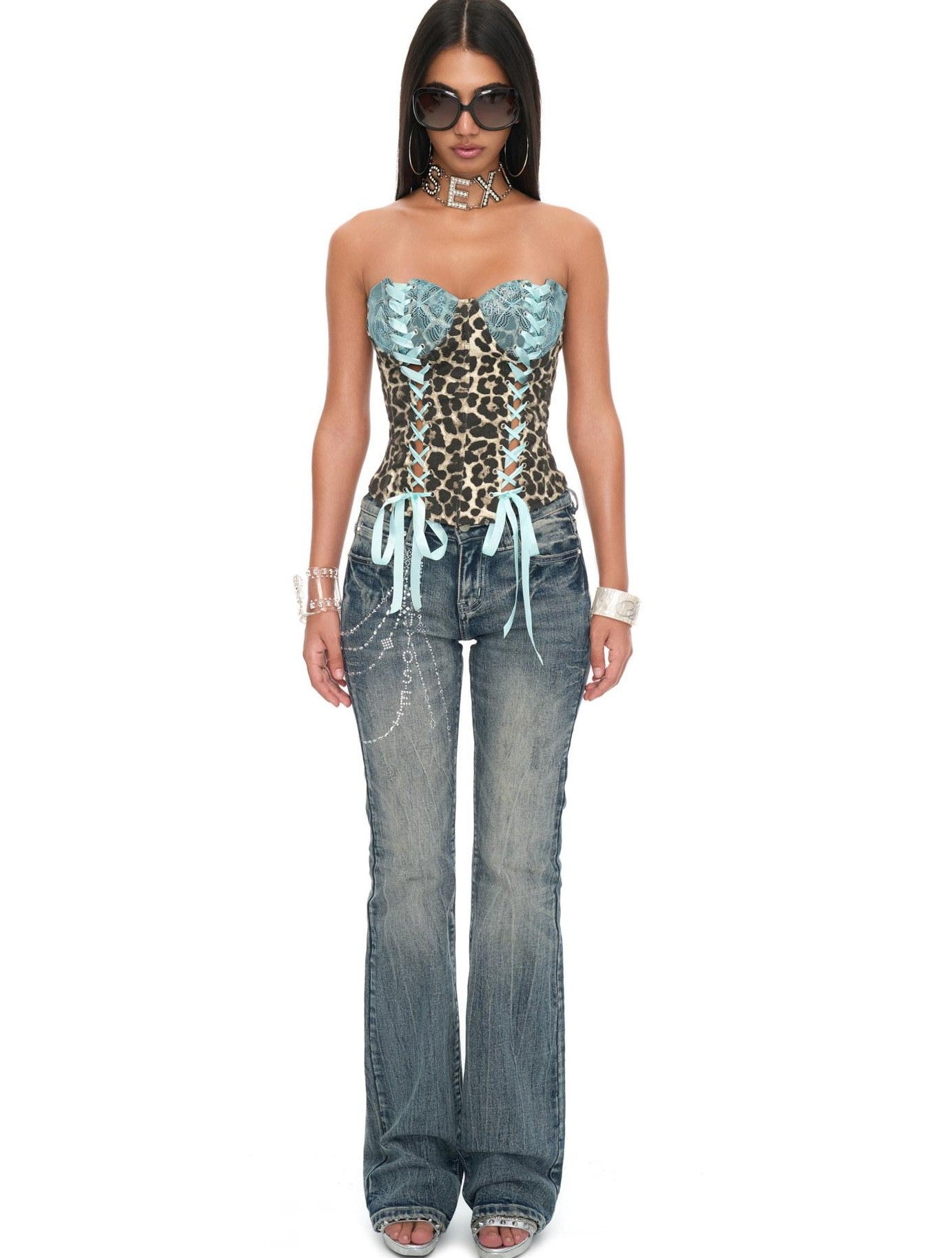 JYOSEI Peacock Blue Lace Deconstructed Zipper Boned Women&