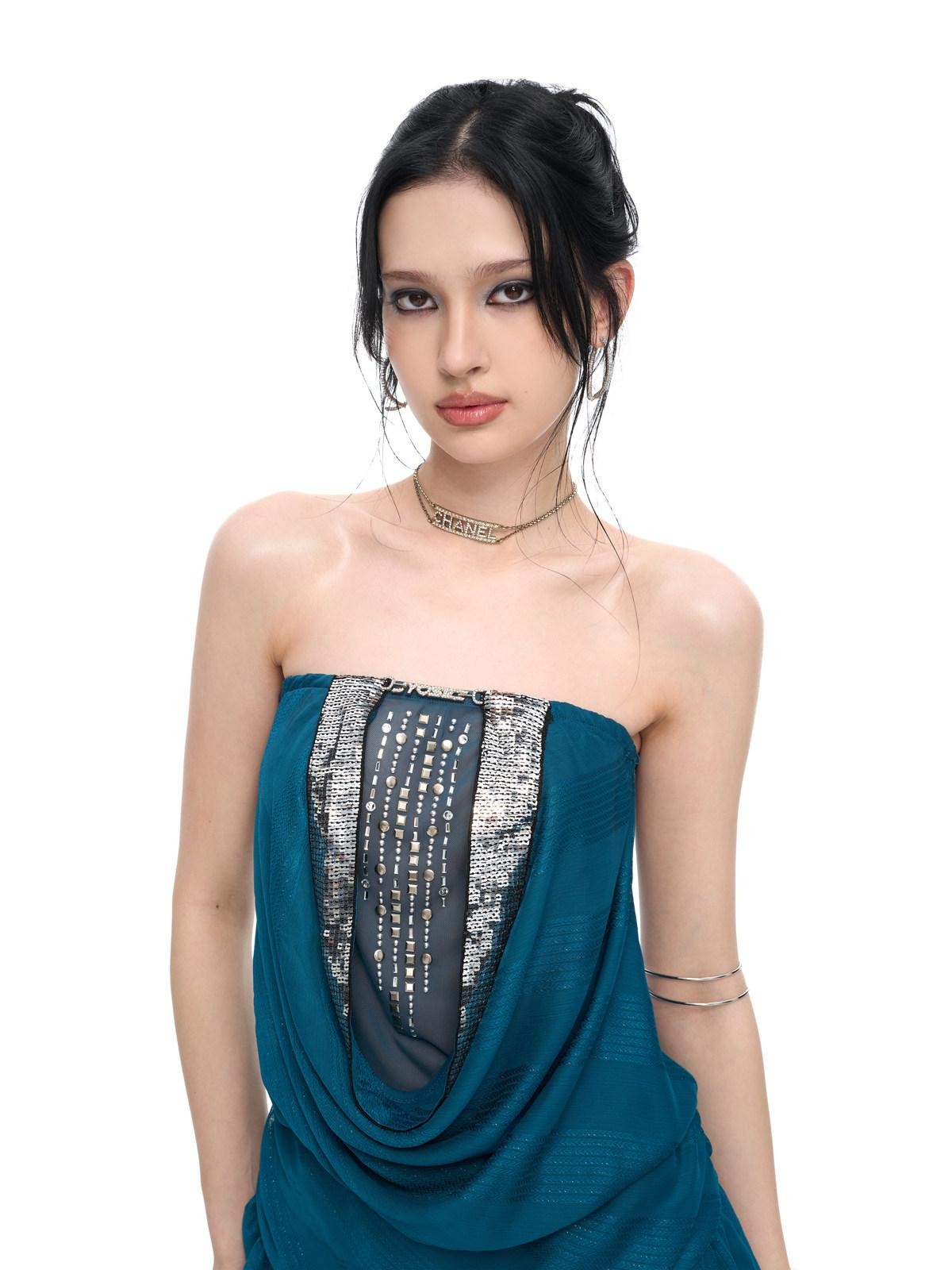 JYOSEI Peacock Blue Rhinestone Backless Draped Women&