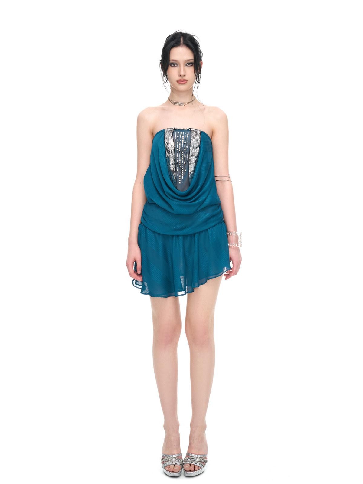 JYOSEI Peacock Blue Rhinestone Backless Draped Women&