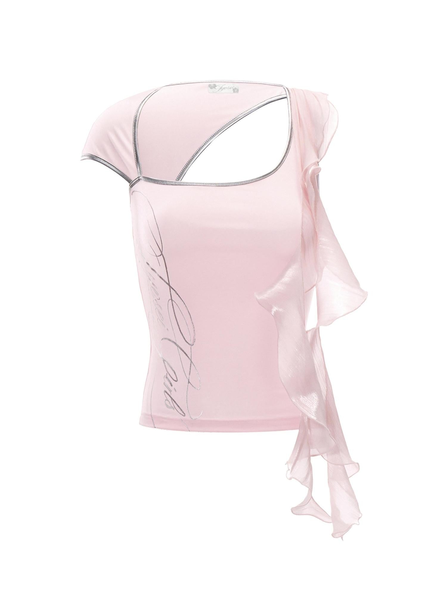 JYOSEI Pink Asymmetric Ruffle Cutout Letter Print Women&