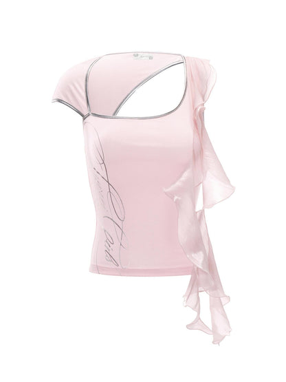 JYOSEI Pink Asymmetric Ruffle Cutout Letter Print Women&