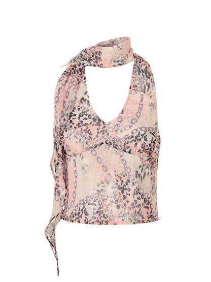 JYOSEI Pink Chiffon Leopard Print Halter Chain Skirt Set