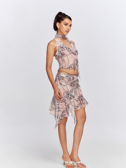 JYOSEI Pink Chiffon Leopard Print Halter Chain Skirt Set