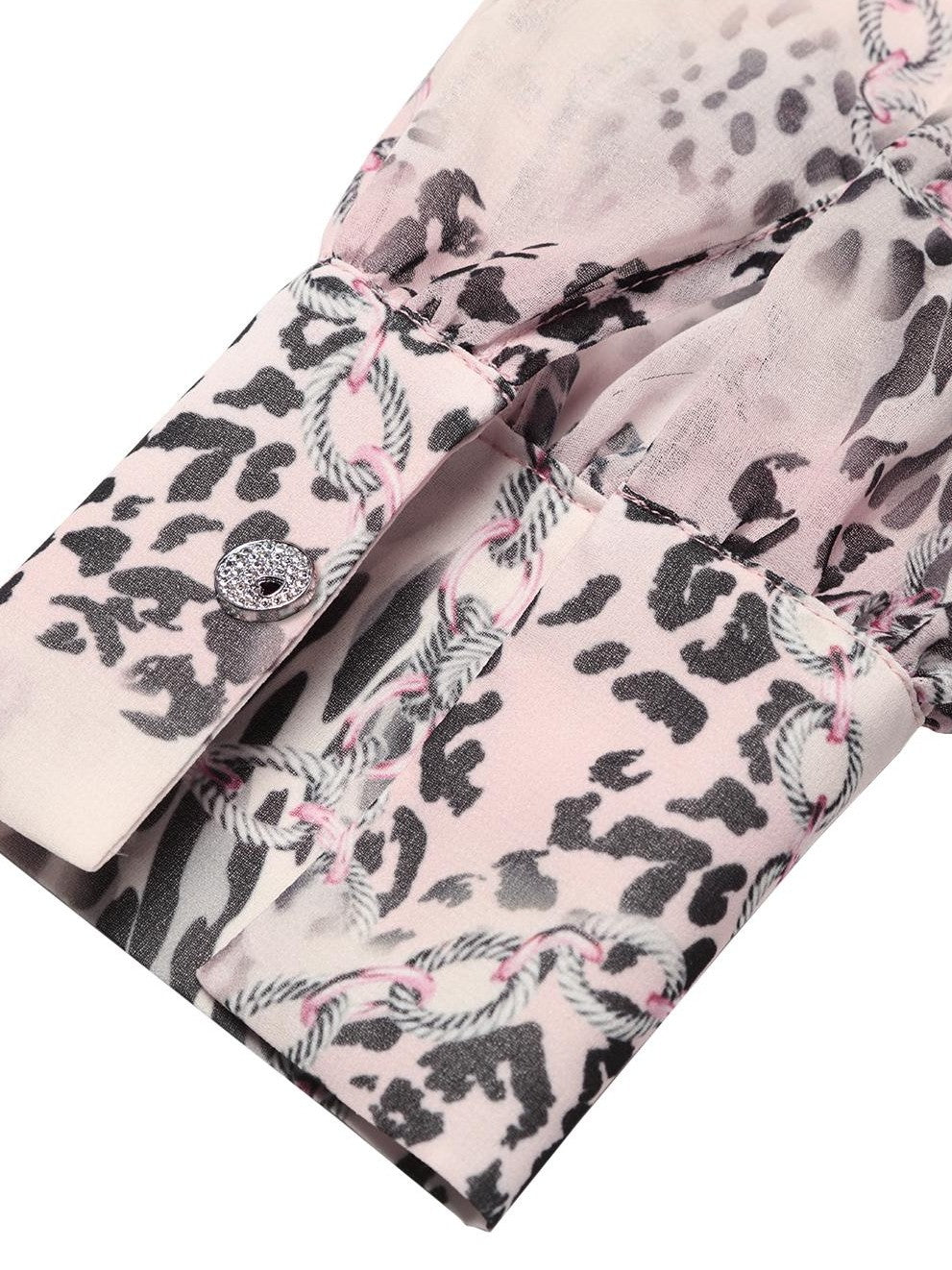 JYOSEI Pink Leopard Print Ruffle Tie Lantern Sleeve Slim Fit Women&
