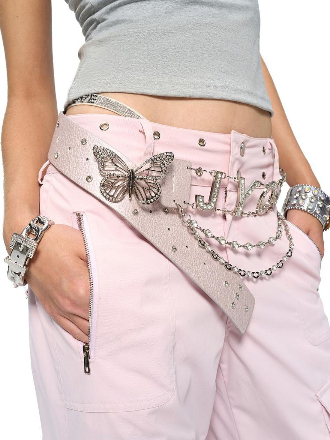JYOSEI Pink PU Chain Strap Y2K Rhinestone Wide Belt