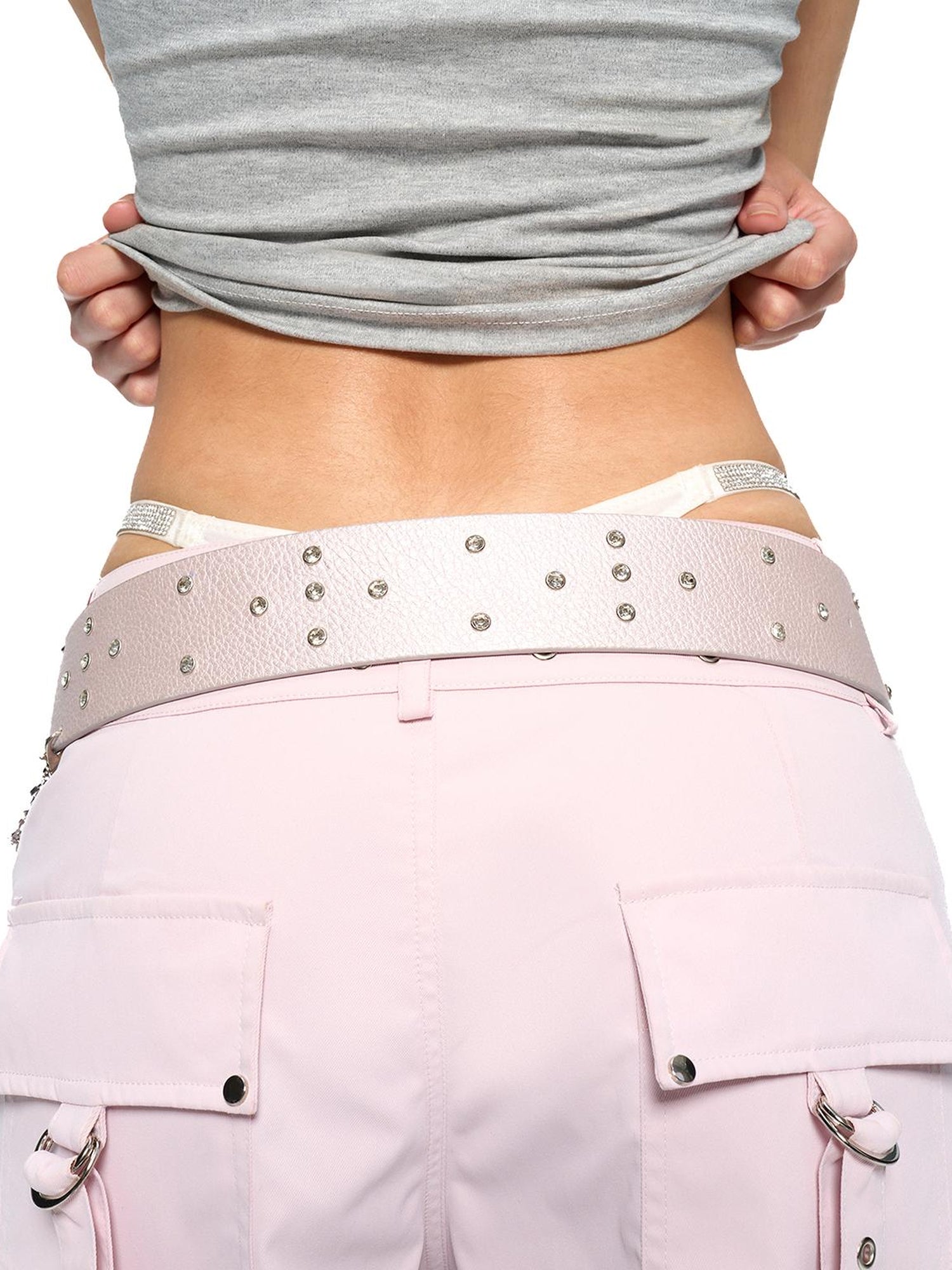 JYOSEI Pink PU Chain Strap Y2K Rhinestone Wide Belt