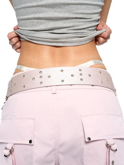 JYOSEI Pink PU Chain Strap Y2K Rhinestone Wide Belt