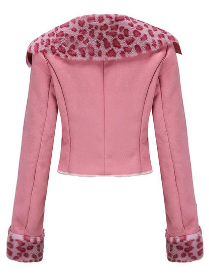 JYOSEI Pink Suede Rabbit Hair Leopard Print Short Jacket