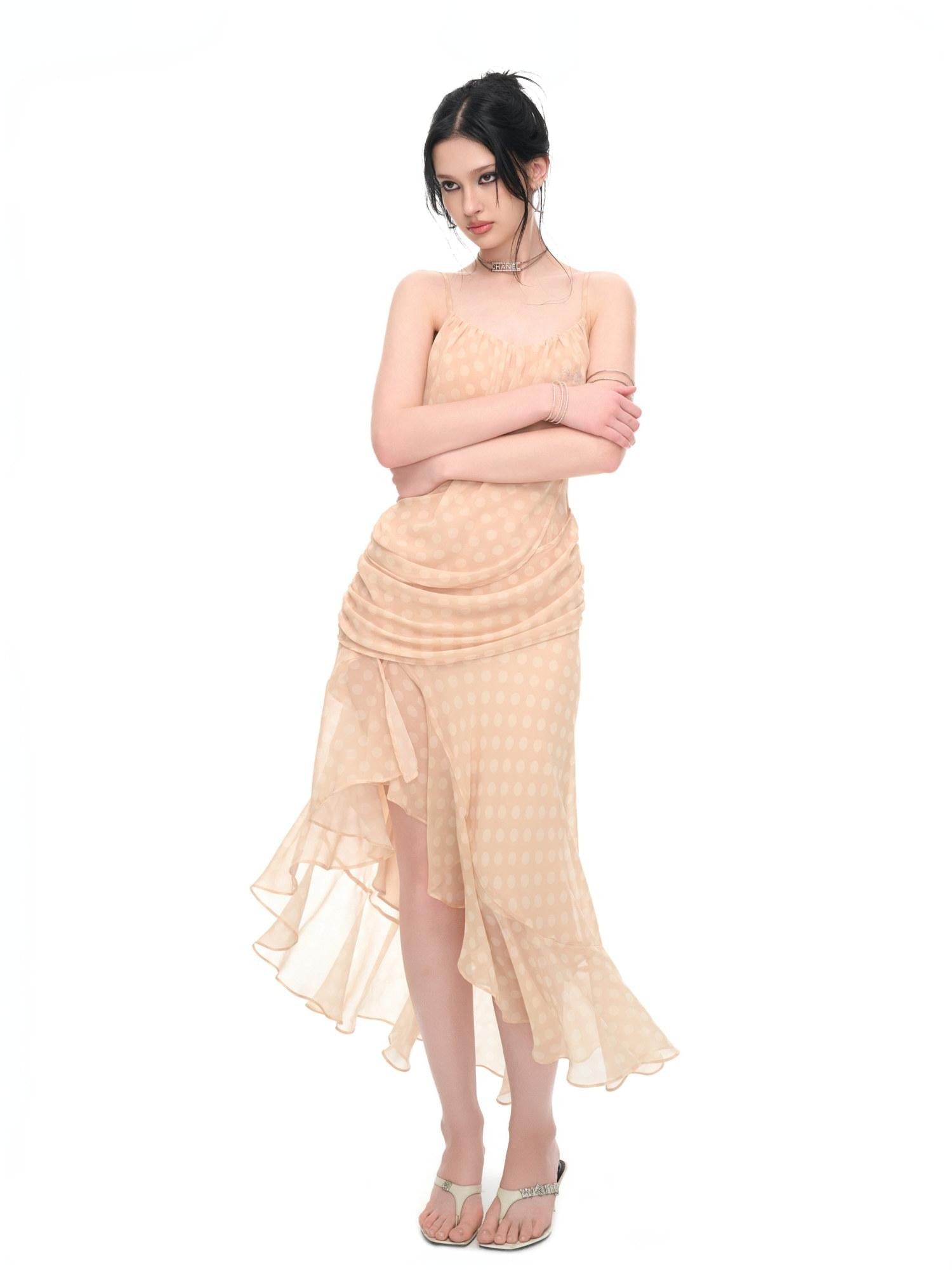 JYOSEI Polka Dot Asymmetric Ruffle Women&