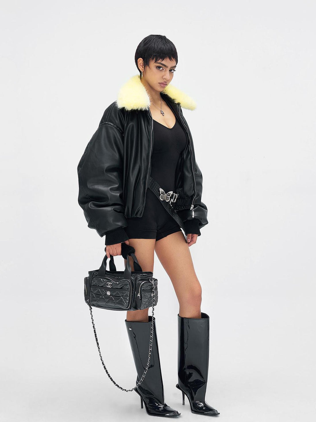 JYOSEI Pu Puffer Jacket With Detachable Goose Yellow Faux Fur Collar