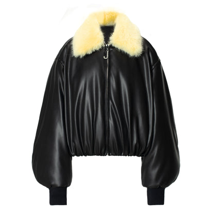 JYOSEI_Pu_Puffer_Jacket_With_Detachable_Goose_Yellow_Faux_Fur_Collar_MISSTT