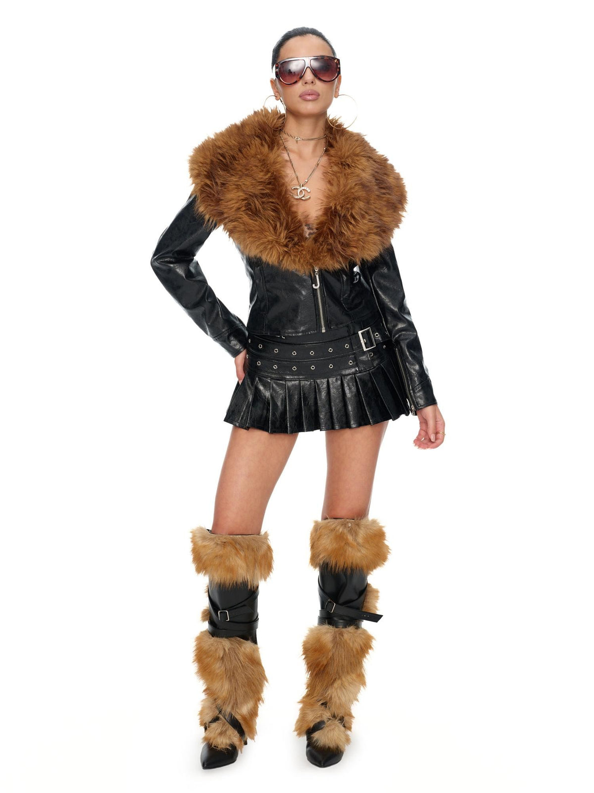 JYOSEI Punk Grommet Pleated Pu Leather Women&