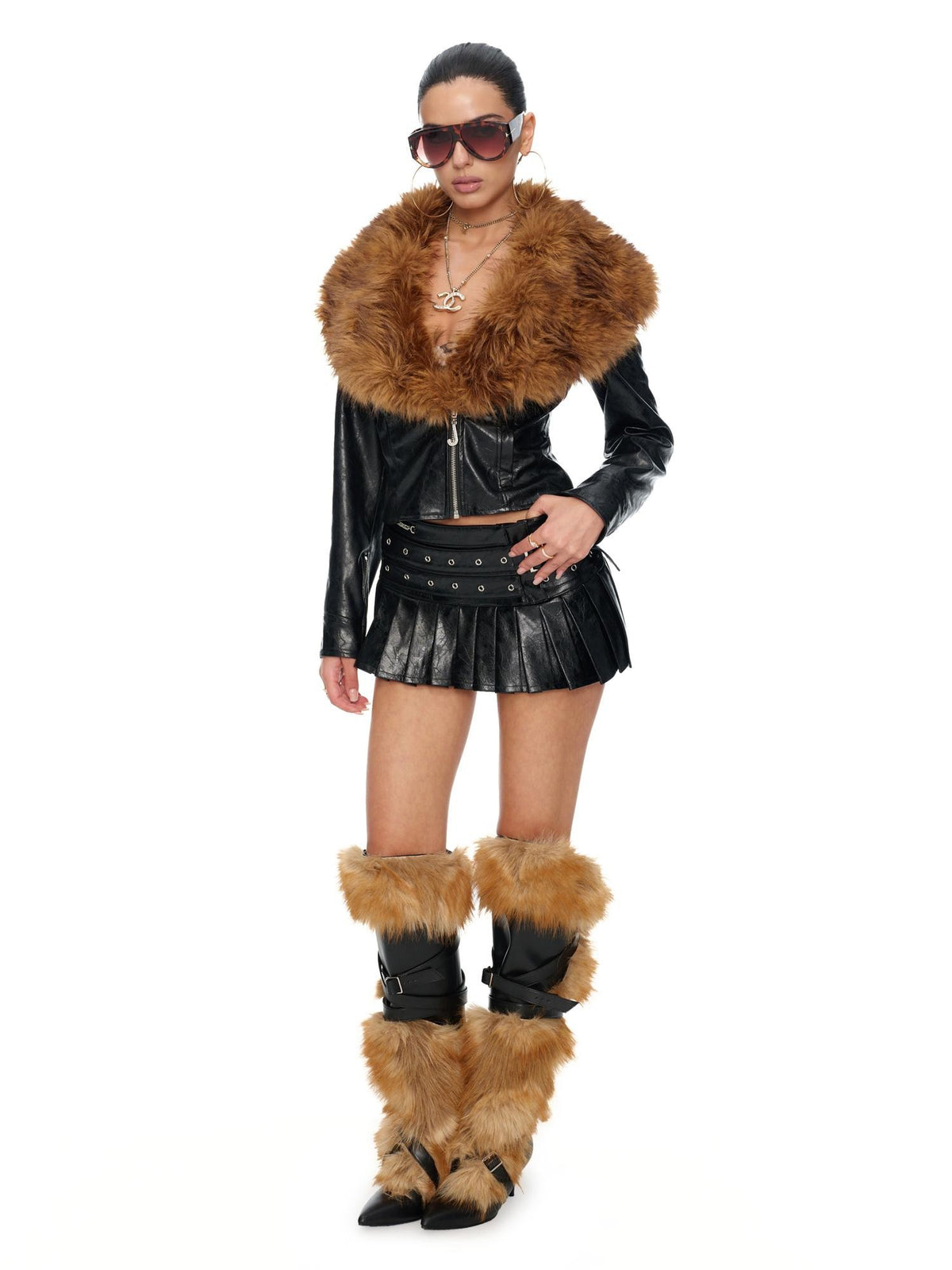 JYOSEI Punk Grommet Pleated Pu Leather Women&