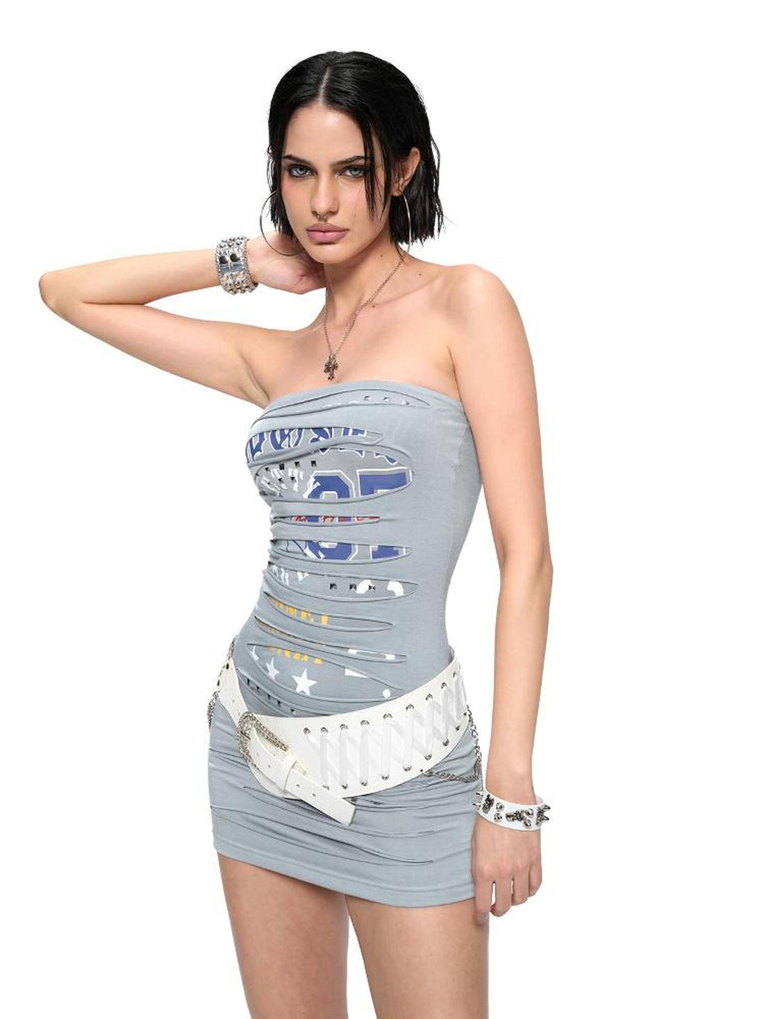 JYOSEI Punk Laser Cut Denim Blue Bodycon Mini Dress