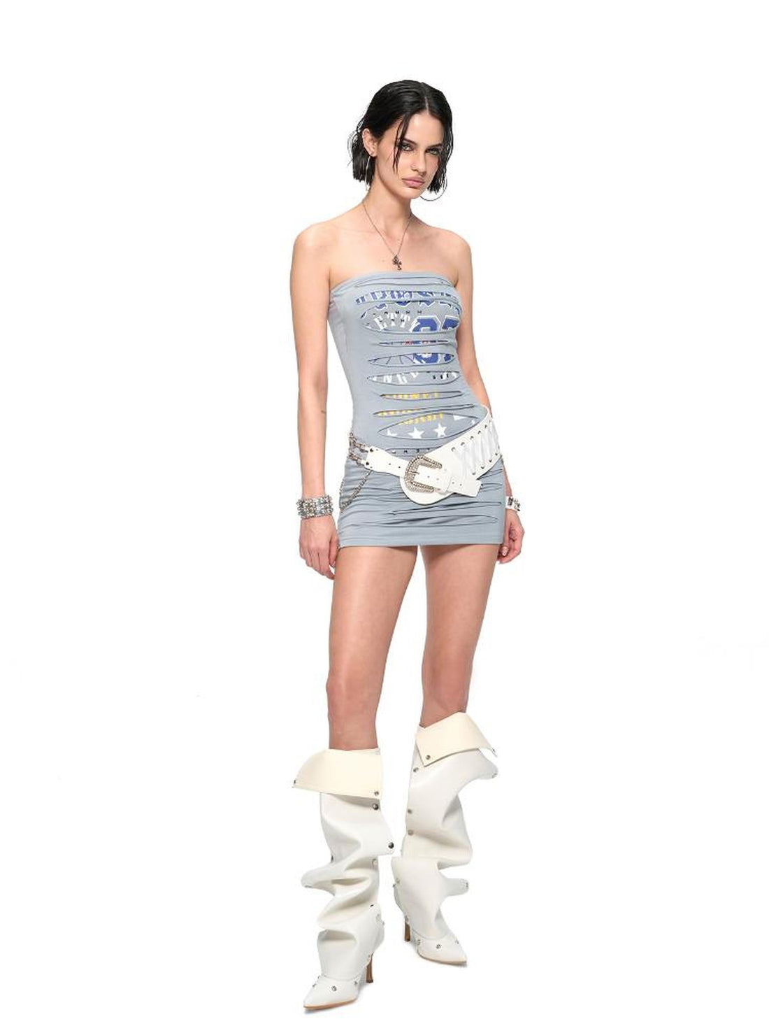 JYOSEI Punk Laser Cut Denim Blue Bodycon Mini Dress