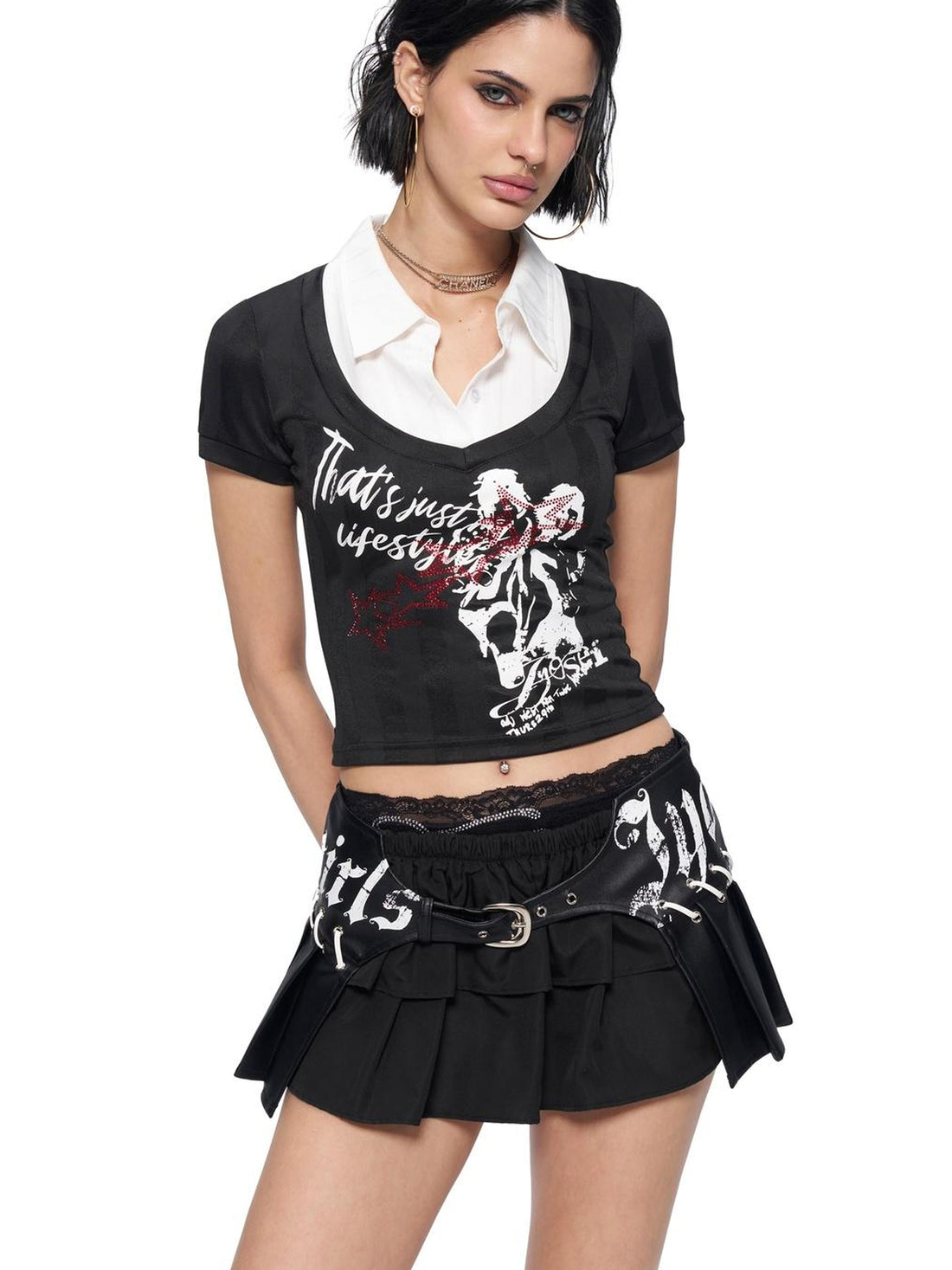 JYOSEI Punk Rock Black Stripe Studded Tee Shirt