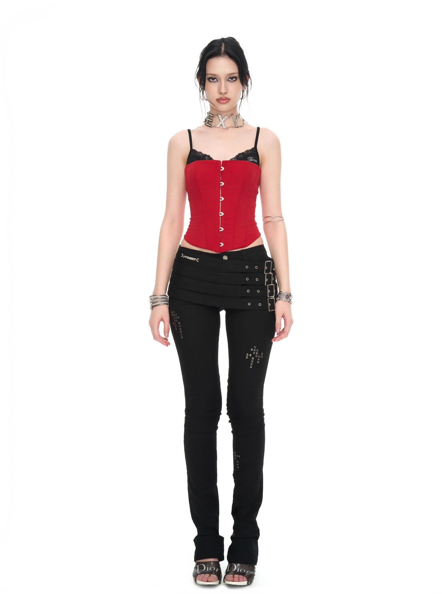 JYOSEI Red Black Patchwork Lace Up Boned Hooked V-neck Women&